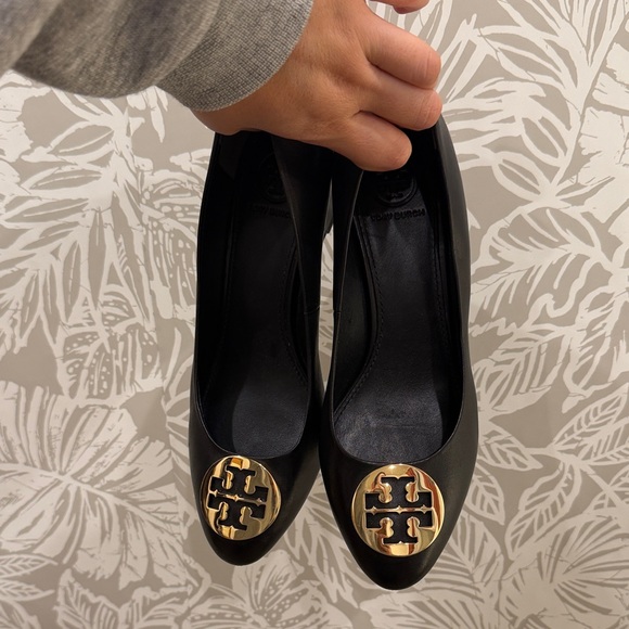 Tory Burch Black Wedges with Gold Logo - Picture 4 of 5